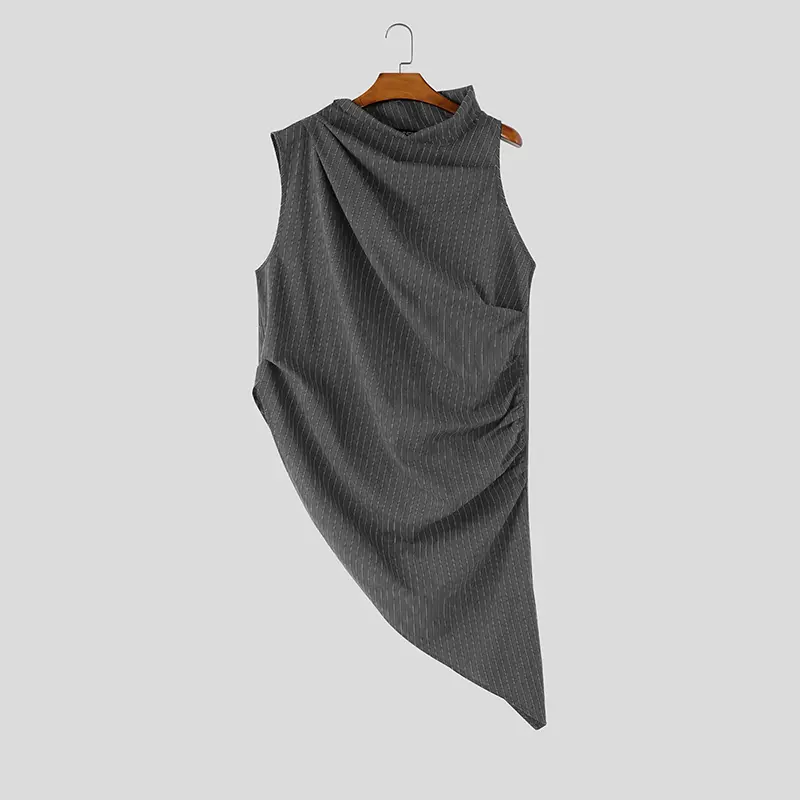 INCERUN Men's Irregular Tank Tops Striped Turtleneck Sleeveless Pleated Male Vests Streetwear Tops For Man Fashion Men Clothes - Image 7