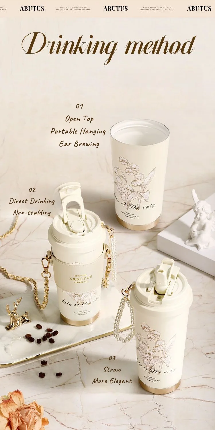 High Grade Elegant Flower Ceramic Liner 316 Stainless Steel Bell Orchid Coffee Mug Hot Cold Thermal Mug Gift Leather Sleeve