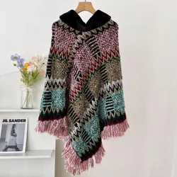Autumn Winter  Capes National Knitted Cloak Women New Pullover Cloak Tassel Warm Shawl Imitation Wool Collar Ponchos Pink Cape