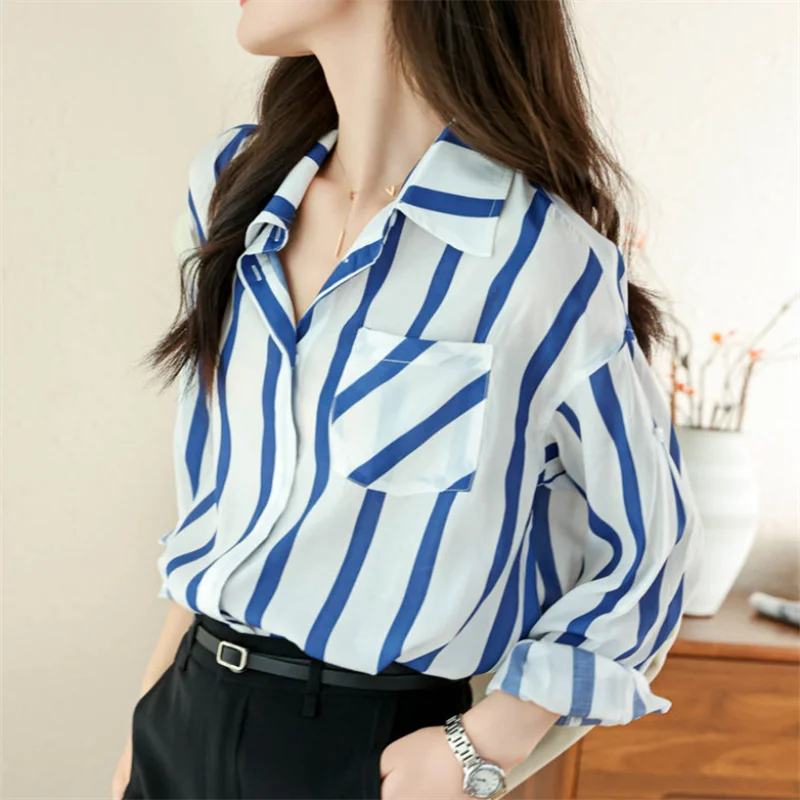 

Blue Striped Shirt Women's Blouses Summer Thin Blous Loose Long Sleeve Casual Shirt Pocket Top Basic OL Cardigan Femme Shirt