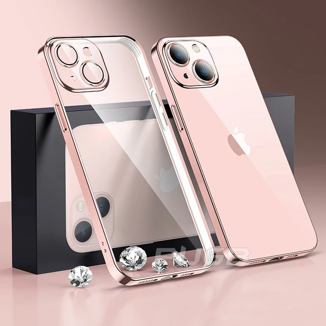 Luxury Lens Protector Transparent Silicone Case For iPhone 13 12 11 Pro Max Mini X XS XR Plated Color Soft Slim Shockproof Cover pink