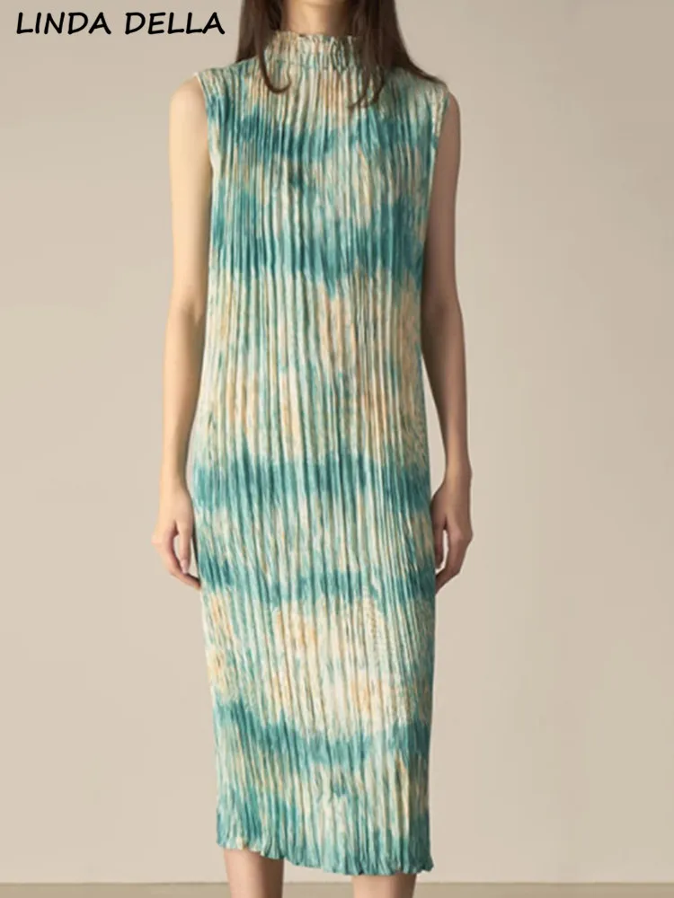 

LINDA DELLA Summer Fashion Designer Green Vintage Pleated Dress Women's Stand Collar Ruffles Tie Dye Package Buttock Long Dress