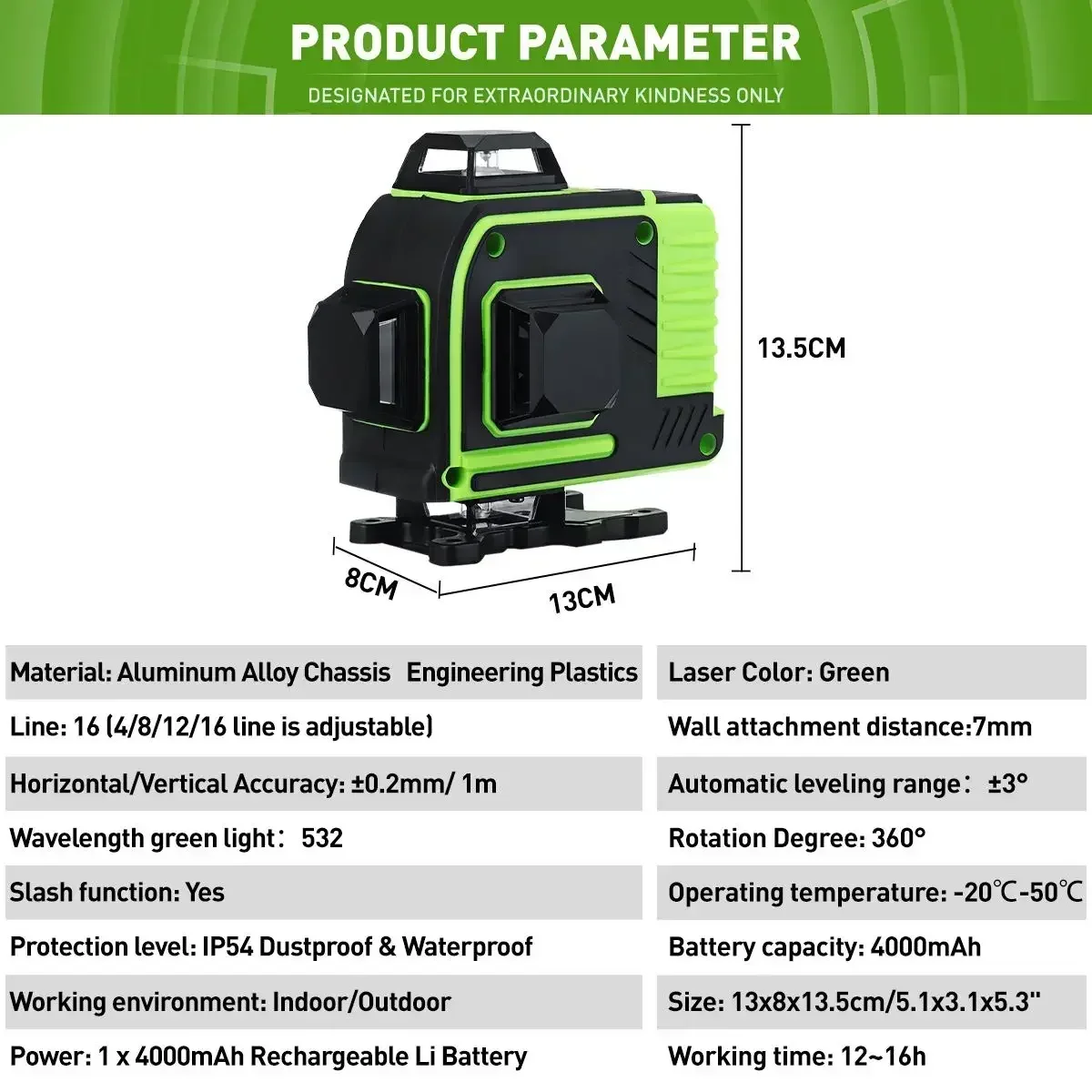 4D16 Lines Green Light Advanced Laser Level Optical Instruments Vertical and Horizontal Site Measuring Laser Instrument Inclined