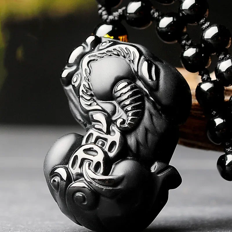 

Natural Chinese Black Obsidian Hand Carved Jade Pendant Necklace with money string and cool black lovers jewelry accessories