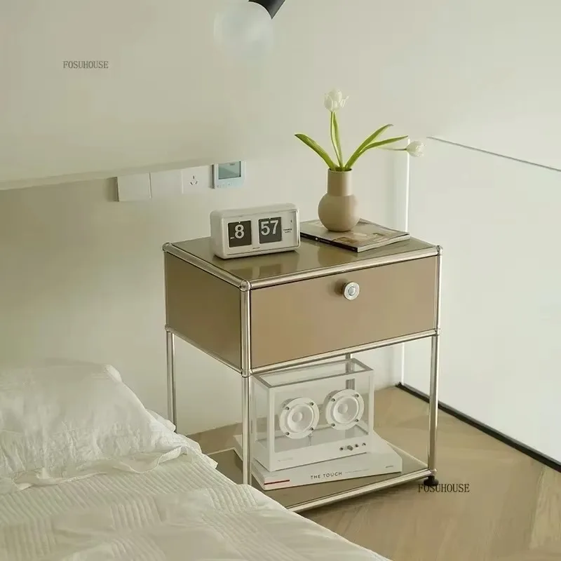 Modern Minimalist Nightstand Medieval Bedroom Furniture Module Storage TV Side Cabinet Stainless Steel Frame Bedside Table g