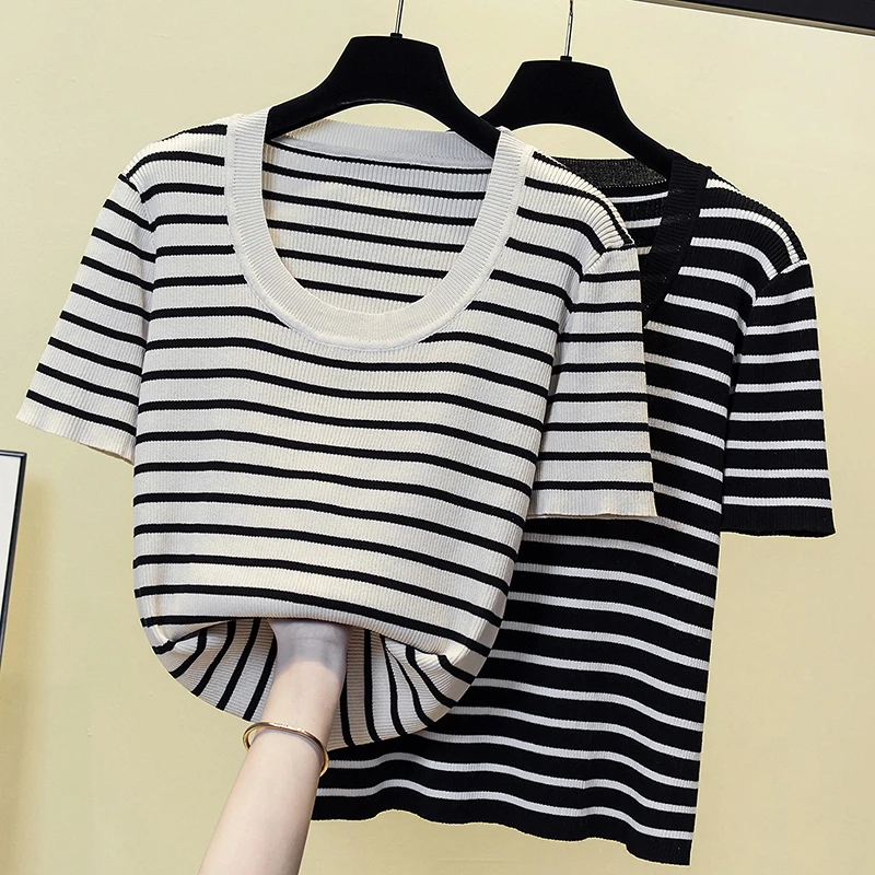 

Striped Oversized Knit Tshirt Tops Women Sweater 2023 Summer Fashion Sweet Chic Vintage Pullover Short Sleeve Knitwear Pull
