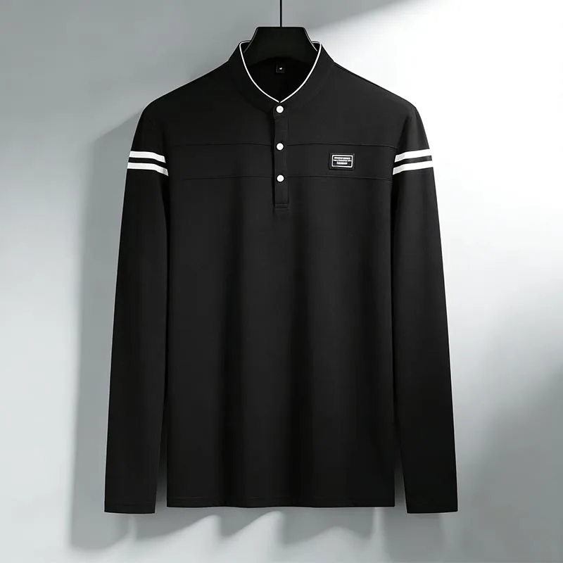 Herren-Poloshirt mit Stehkragen und langen Ärmeln, gestreift, weich, atmungsaktiv, für Business, Arbeit und Alltag – Detail 11