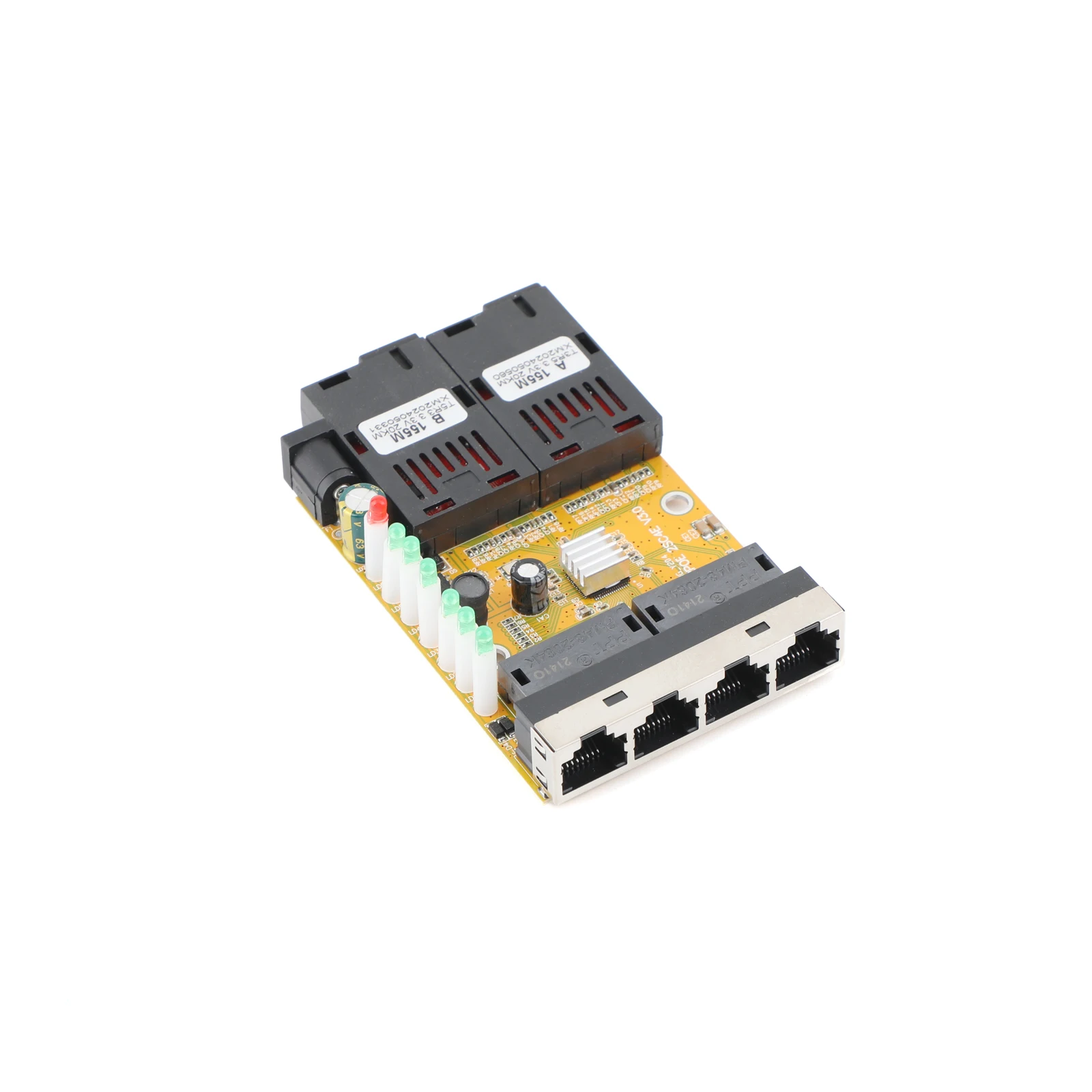 PCBA Board Fiber Optic Media Converter 100M 4 RJ45 to 2 SC A+B Optic Connector 1310nm/1550nm Ports 20KM Ethernet Switch Yellow