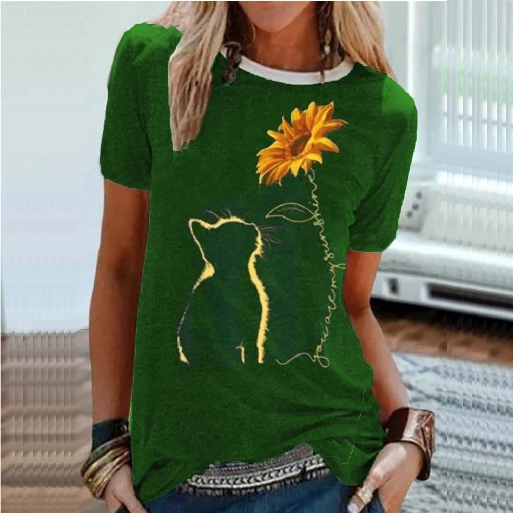 

Daisy Flower Cat Print Tops Women 2020 Harajuku Summer Aesthetic T shirts Female Vintage Oversized Kpop Tshirt Clothes Tee