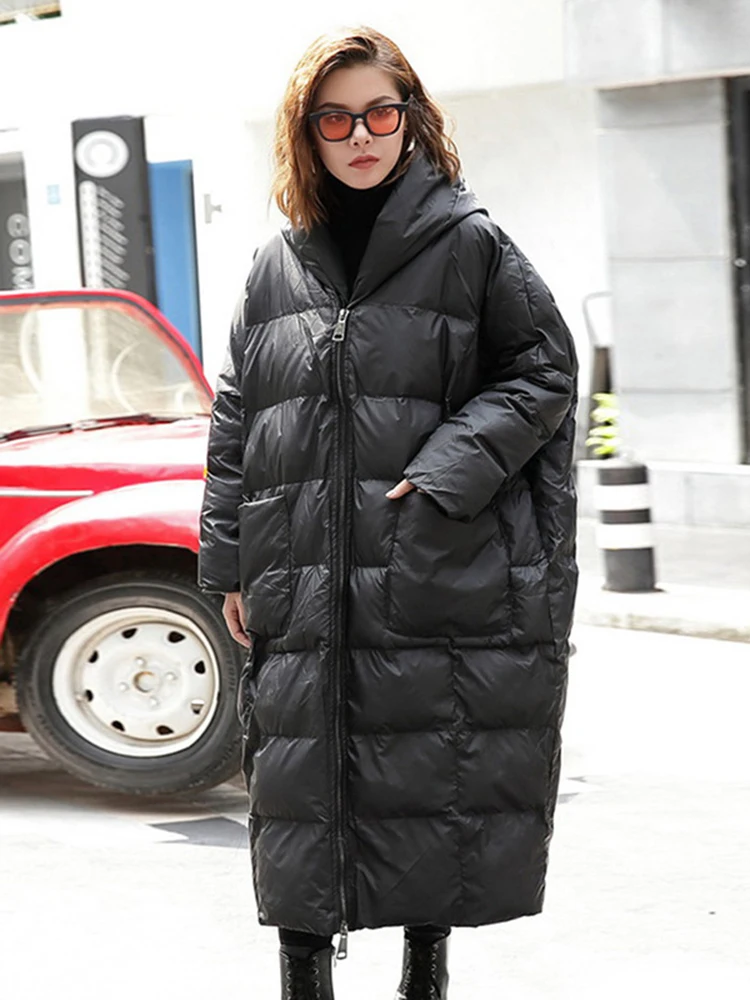 [EAM] New Winter Loose Parkas Hooded Long Sleeve Black Long Cotton-padded Warm Loose Big Size Jacket Women Fashion 2026 JD12101