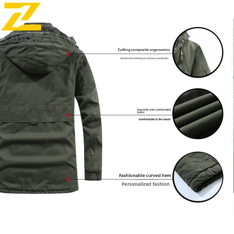 Men Outdoor Hooded Jacket Thickened Long Coat Winter Korean Style Thermal Heavyweight Cotton Padded Overcoat Windproof  Workwear