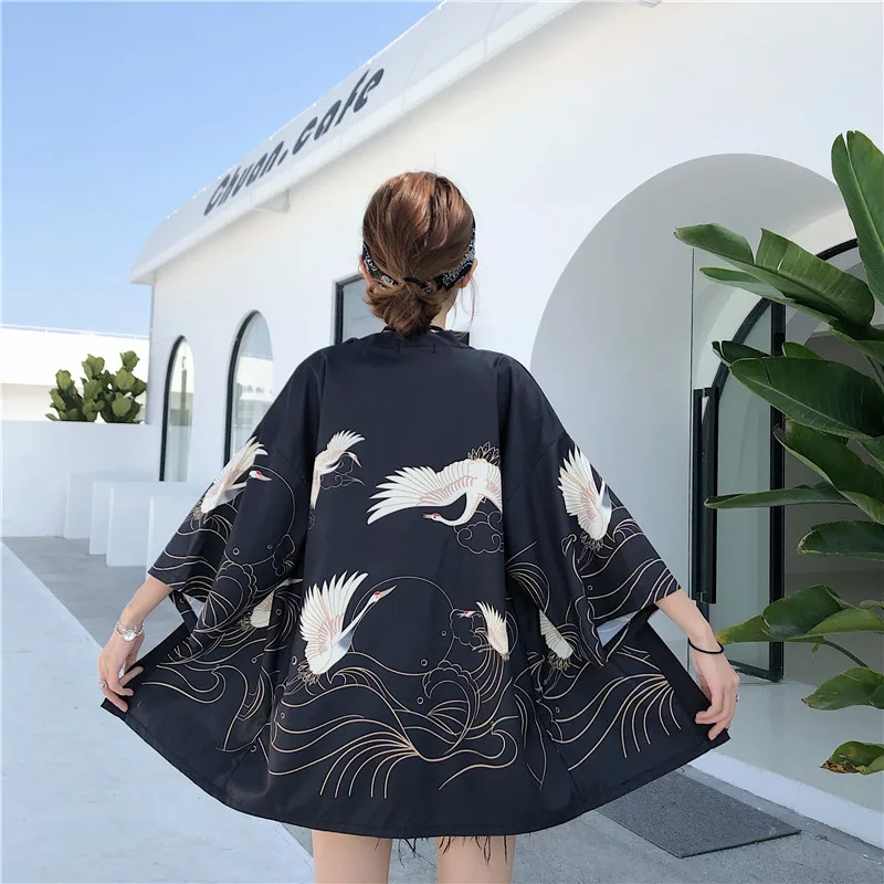 Japanese Retro Artistic Style Improved Crane Print Feathered Kimono Cardigan, Loose and Versatile for Everyday Wear, Spring and Summer Sun Protection Thin Jacket 1
