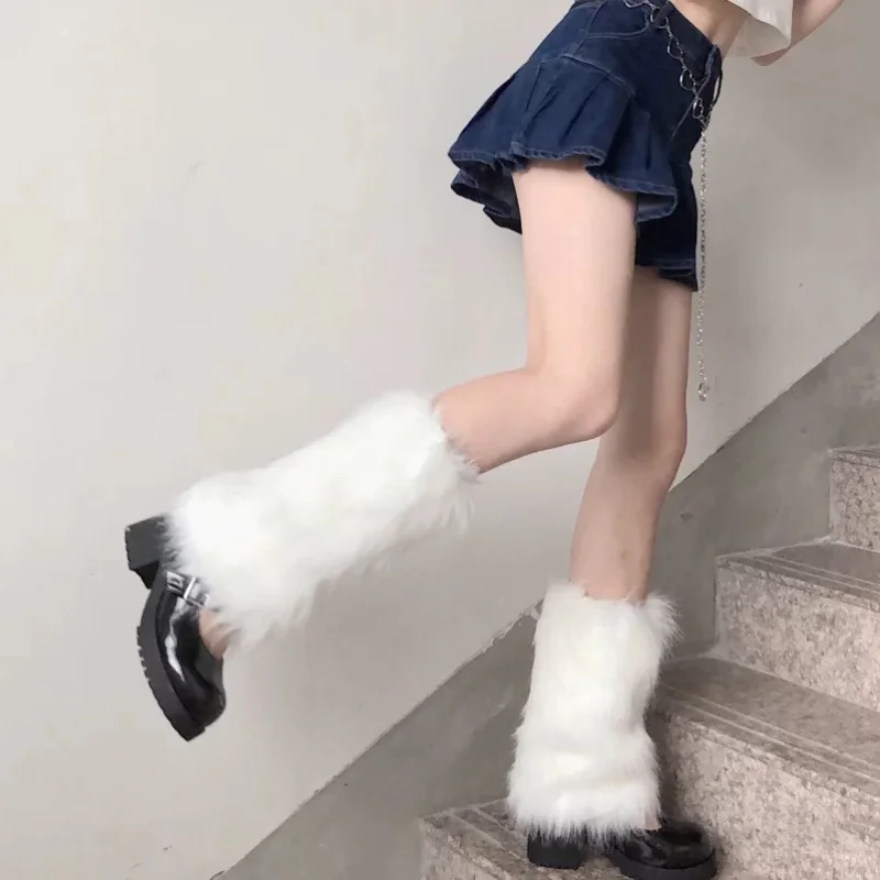 

Furry Leg Warmers Y2K Goth White Faux Fur Leg Warmers Gyaru Boot Covers Lady Lolita Jk Knee-high Hipster Warm Socks Slouch