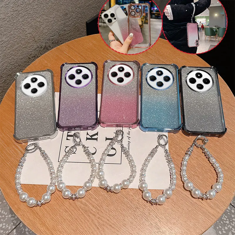 Gradient Glitter Shockproof TPU Phone Case with Luxury Pearl Chain Wrist Strap