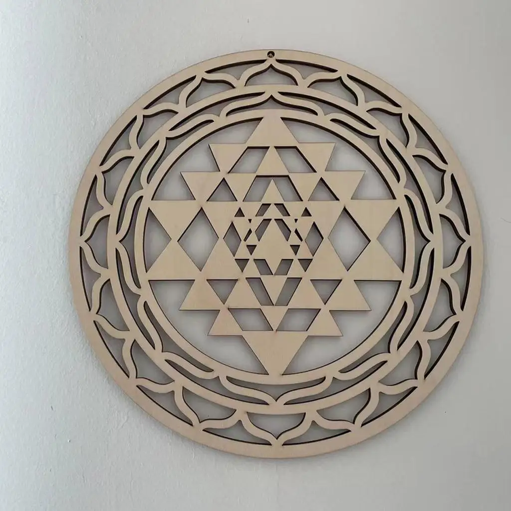 Sri Yantra Wall Decor Wood Wall Sculpture Sacred Geometry Crystal for Meditation