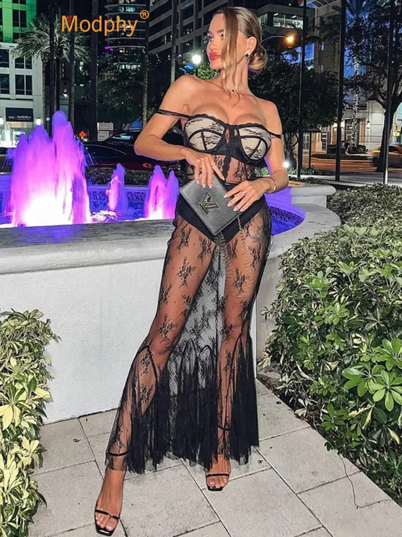 

Ladies Black Sexy Sheer Lace Two Piece Maxi Dresses Women's Spaghetti Strap Sheath Dress Club Nightclub Party Clothing 2022
