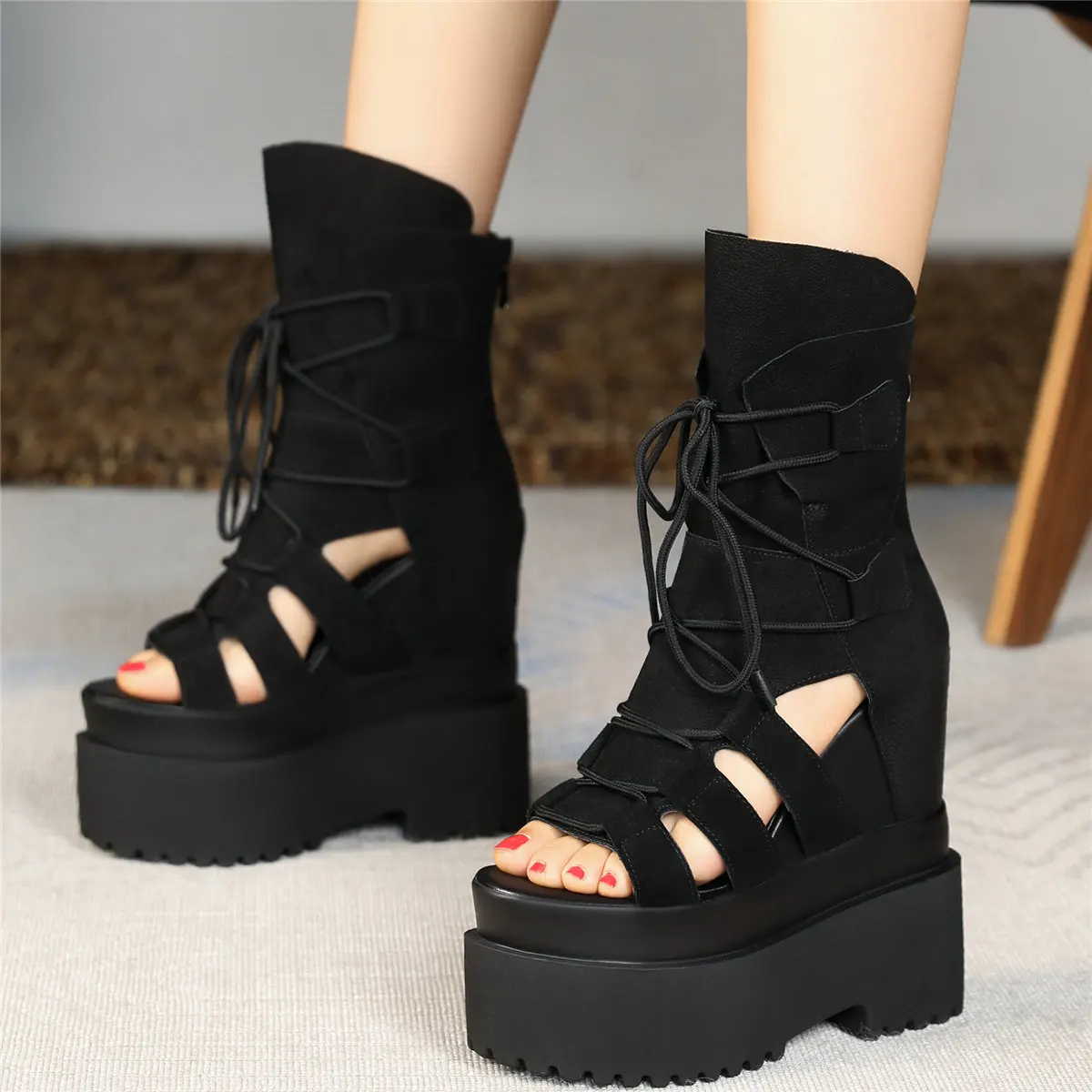 

Lace Up Platform Pumps Women Genuine Leather Super High Heels Gladiator Sandals Female Open Toe Fashion Sneakers Casual Shoes