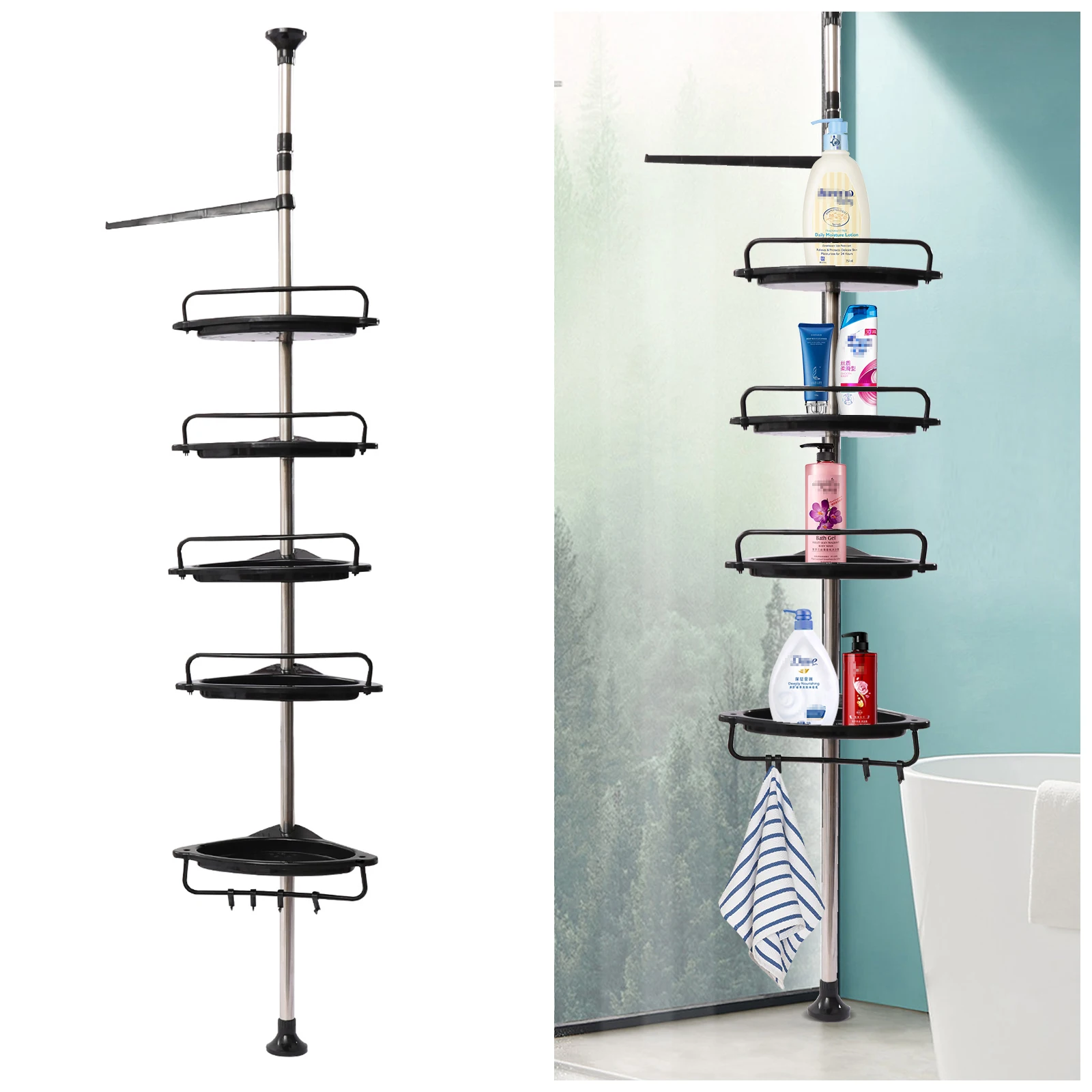4/5 Layers Shower Corner Pole Caddy Bathroom Storage Shelf w/Hanging Hook  Wall Shelf Corner Storage Rack - AliExpress