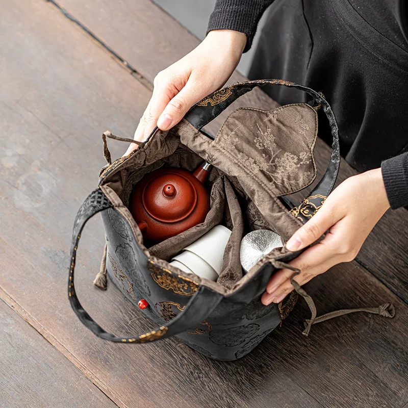 Chinese-Style Interwoven Silk Tea Bag Portable Travel Tea Set Storage Bag Brocade Teacup Teapot Cloth
