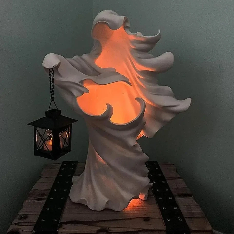 Lanterna Solare Fantasma Di Halloween Con Cappello – Statuetta In Resina Impermeabile, Luce LED Fino A 8 Ore, Per Esterno Giardino E Portico