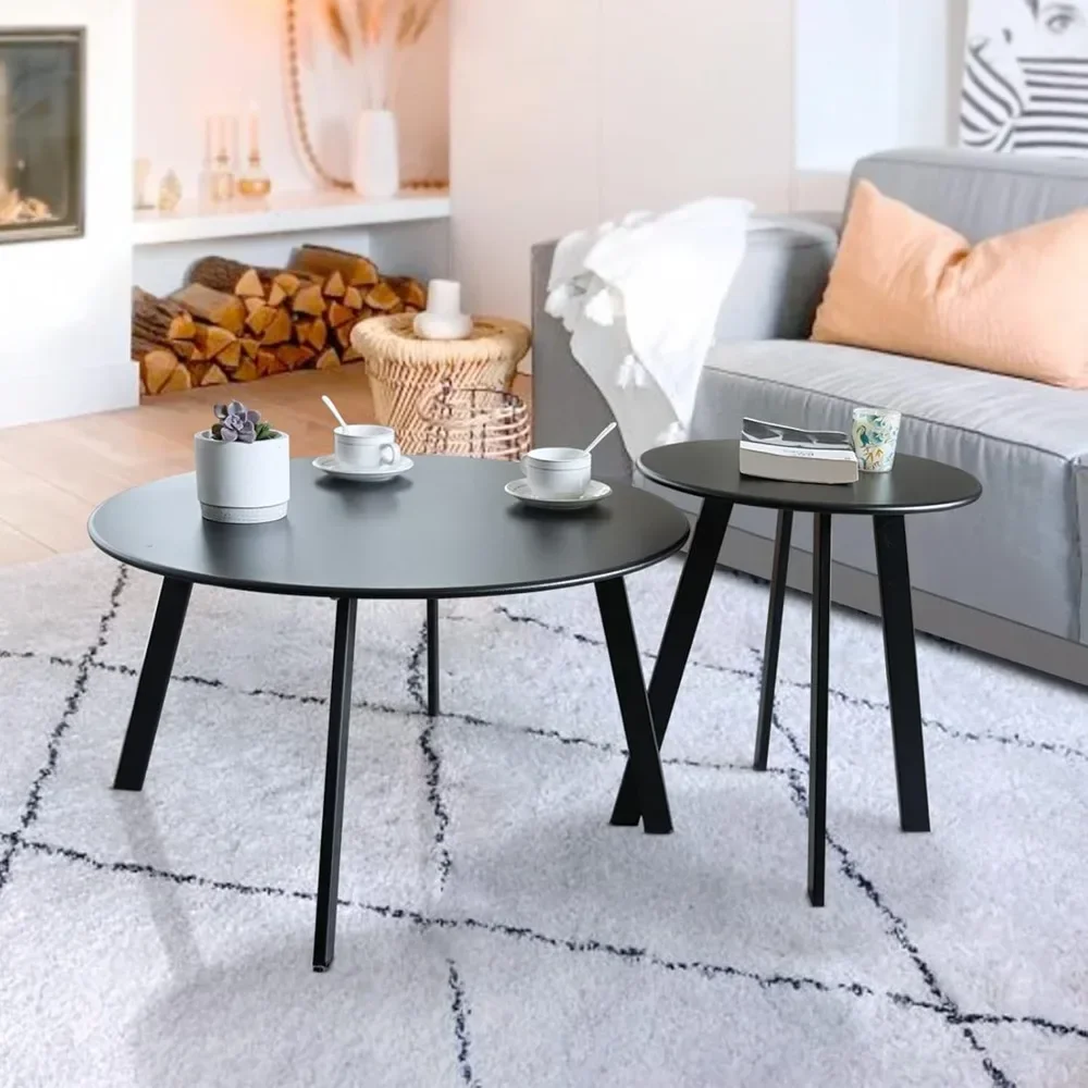 Patio Coffee Table Set of 2, Weather Resistant Outdoor Round End Table, Nesting Tables for Living Room Balcony Office, Black