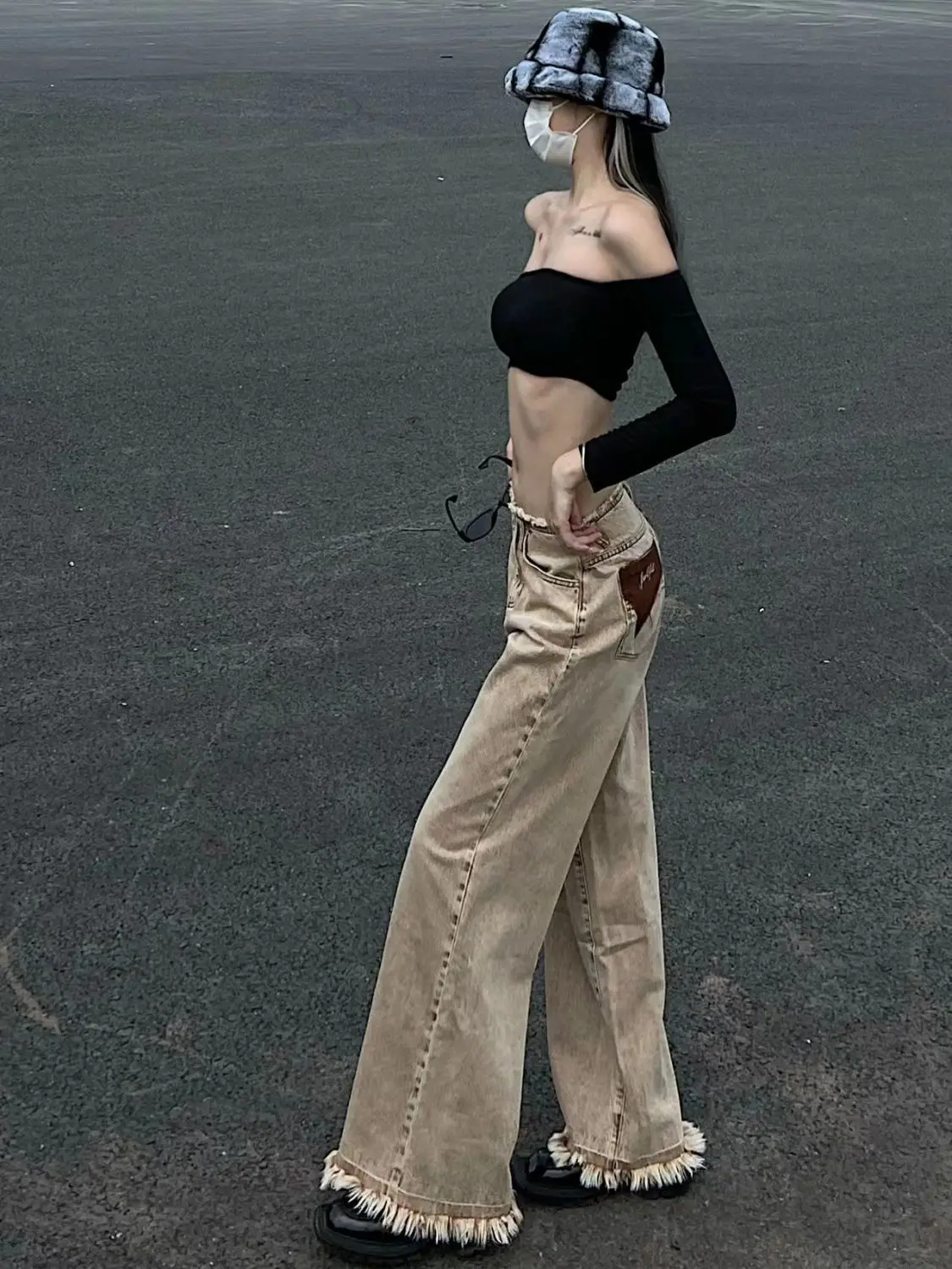 

Y2K Tassels Brown Flare Jeans Solid Pockets Kawaii Trousers Low Waisted Aesthetic Grunge Fairycore Joggers Women Casual Basic