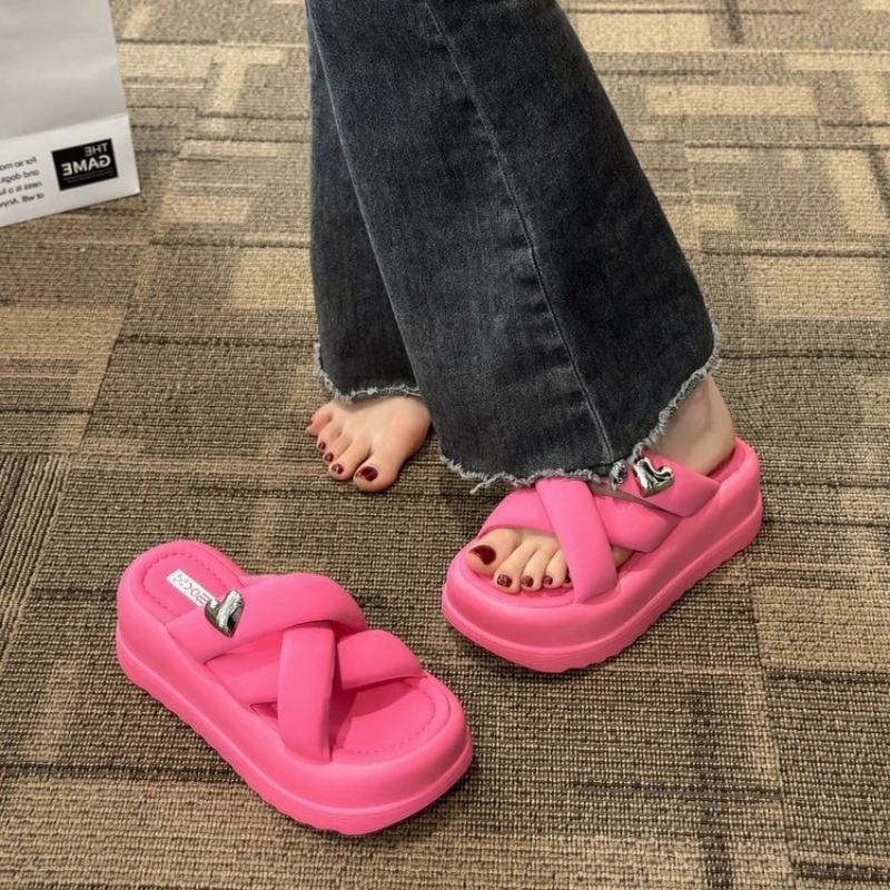 2023 EVA Thick Sole Women's Slippers 7cm Matsutake Bottom Elevated Anti Slip Solid Color Slippers for Casual Outwear Slippers