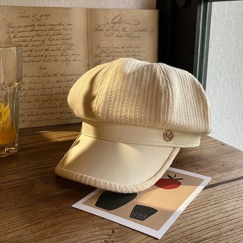 Hat Female Beret Autumn And Winter Tide British Retro Letter Striped Octagonal Newsboy Painter