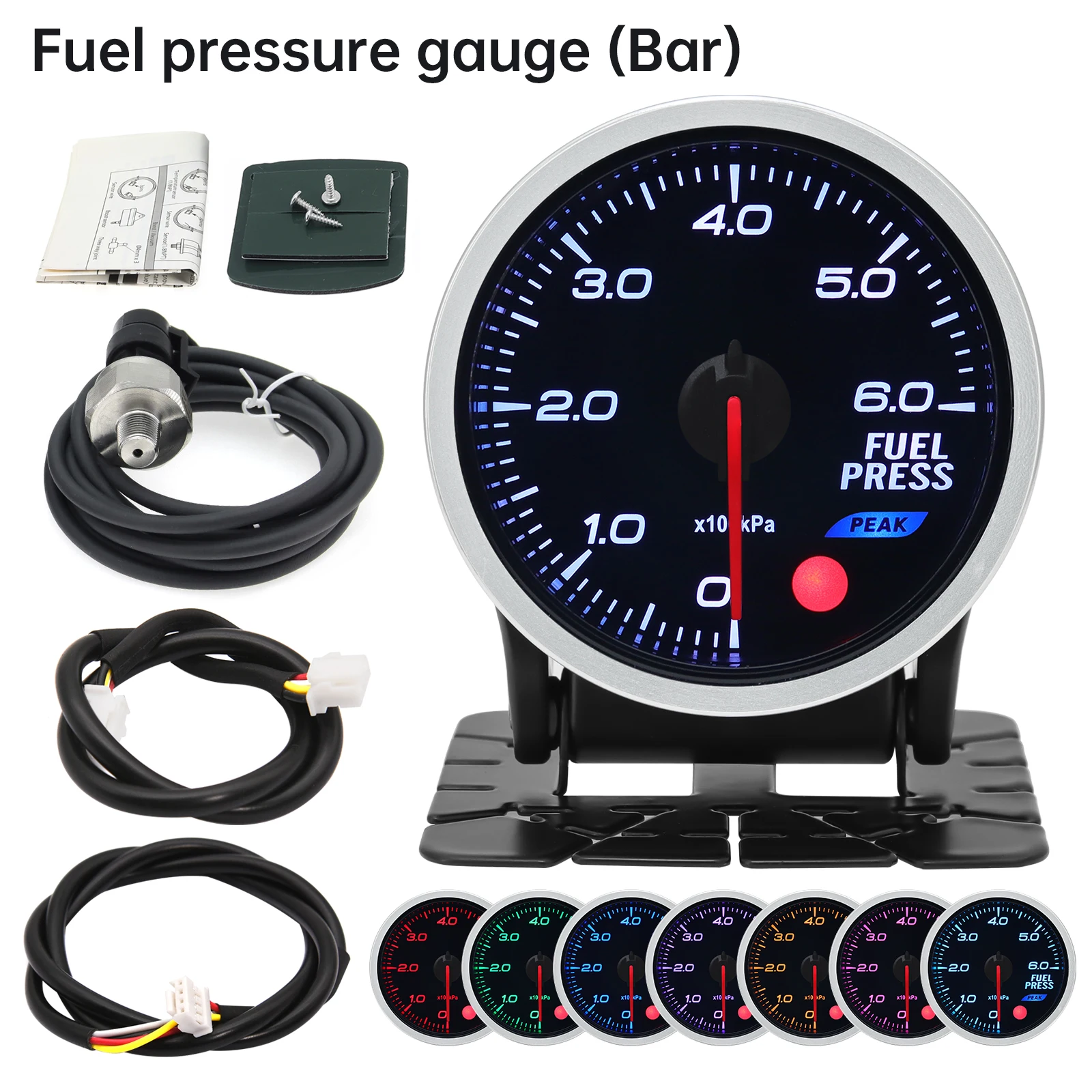 8-Color Backlit Universal Turbo Pressure Gauge - Fuel, Oil, Temp Reading, 52mm, 12V
