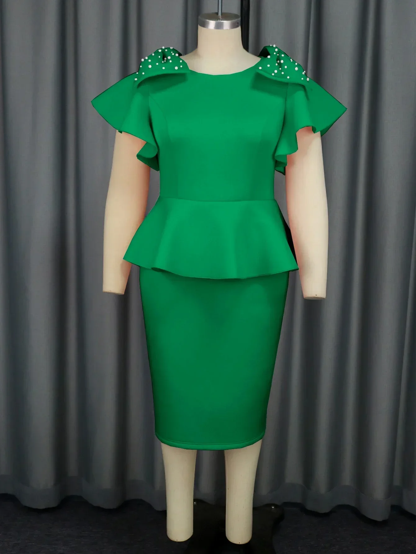 Elegant Women Party Dresses O Neck with Bows Beading Shoulder