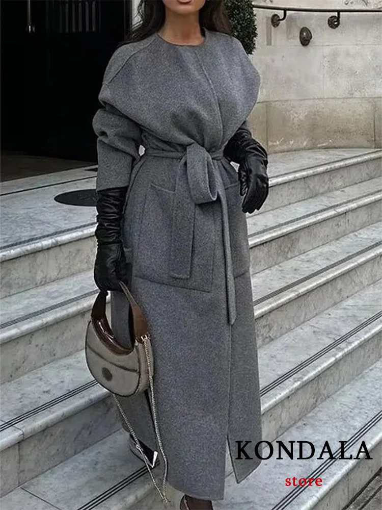 

KONDALA Casual Vintage Chic Women Overcoat Grey Solid O-Neck Belt Pockets Loose Long Coat New Fashion 2024 Winter Thick Coats