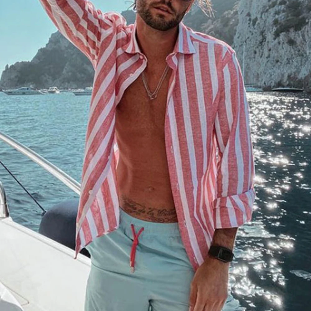 

Summer Men Polyester Shirt Long Sleeve Stripe Print Baggy Down-Collar Button Shirts Tops Male Clothes Men's Clothing Fall