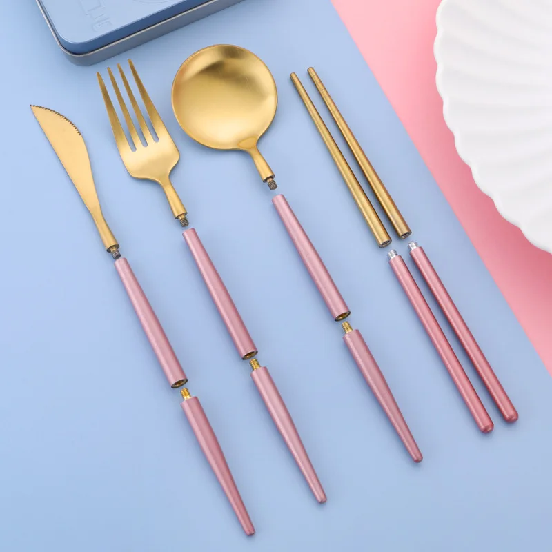 304 stainless steel portable tableware Steak Camping knife fork spoon  chopsticks removable folding tableware cutlery set - AliExpress