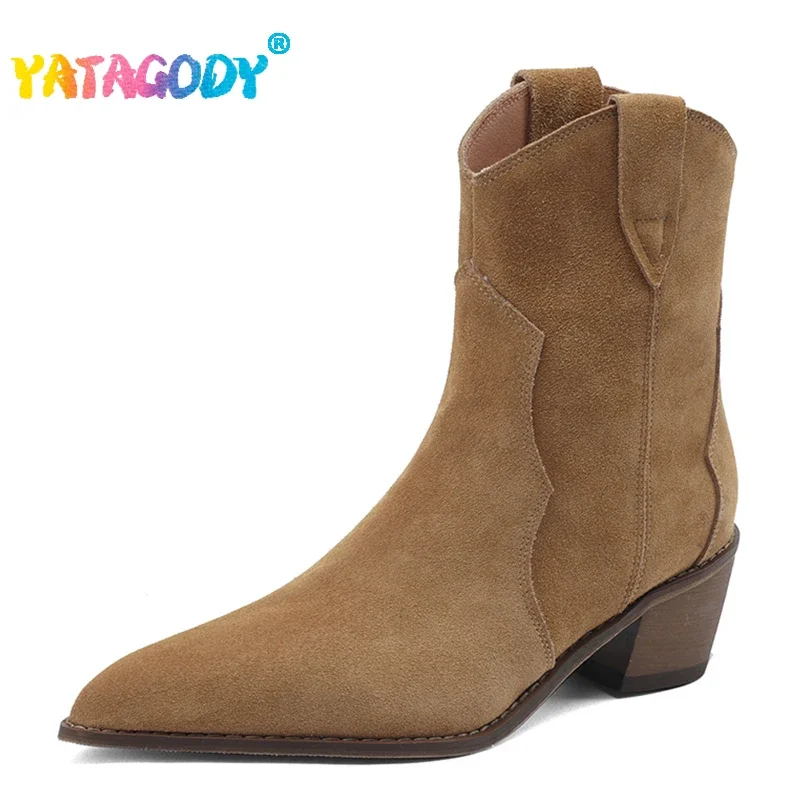 Bottes Femme En Daim à Talon épais - Style Cowboy - Fermeture éclair Latérale - Pour Automne/hiver - 3