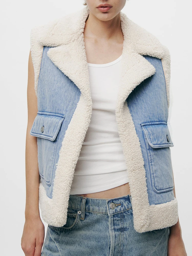 

Casual Denim Vest For Women Notched Collar Sleeveless With Flap Pocket Faux Shearling Waistcoat Female Streetwear Fashion Jacket