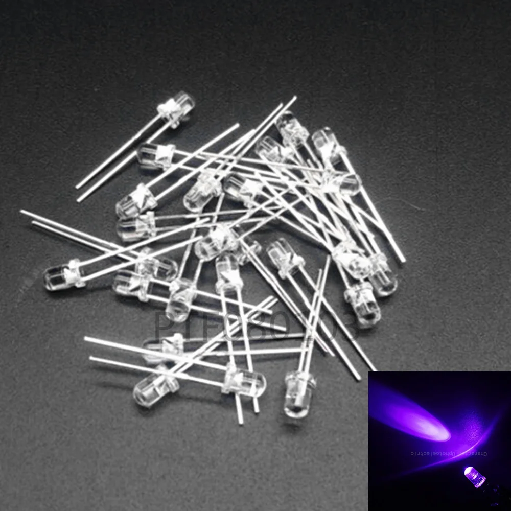 

100pcs 5mm Ultraviolet 395nm 400nm UV LED Diode Light Emitting Lamp 5 mm UVLED (Ultra Violet Purple 5 mm Round Water Clear Lens)