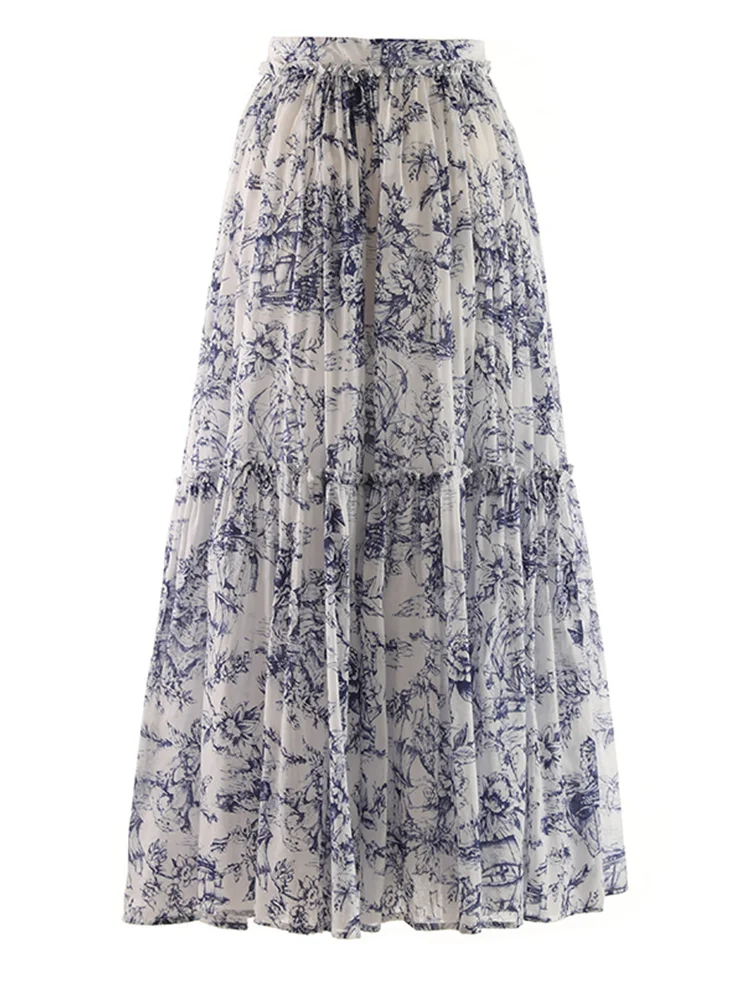 

High Waist Blue Print Lace Zipper Elegant A-line Loose Half-body Skirt Women Fashion Tide New Spring Autumn 2023 H365