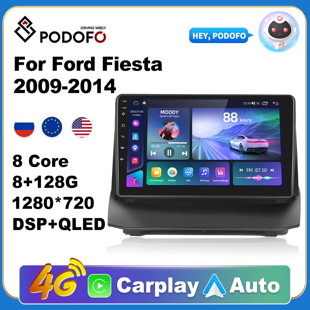 Podofo Ai Voice Android Carplay Autoradio Per Ford Fiesta 2009-2014 2Din Android Auto 4G Navigazione Multimediale Gps Autoradio Dsp