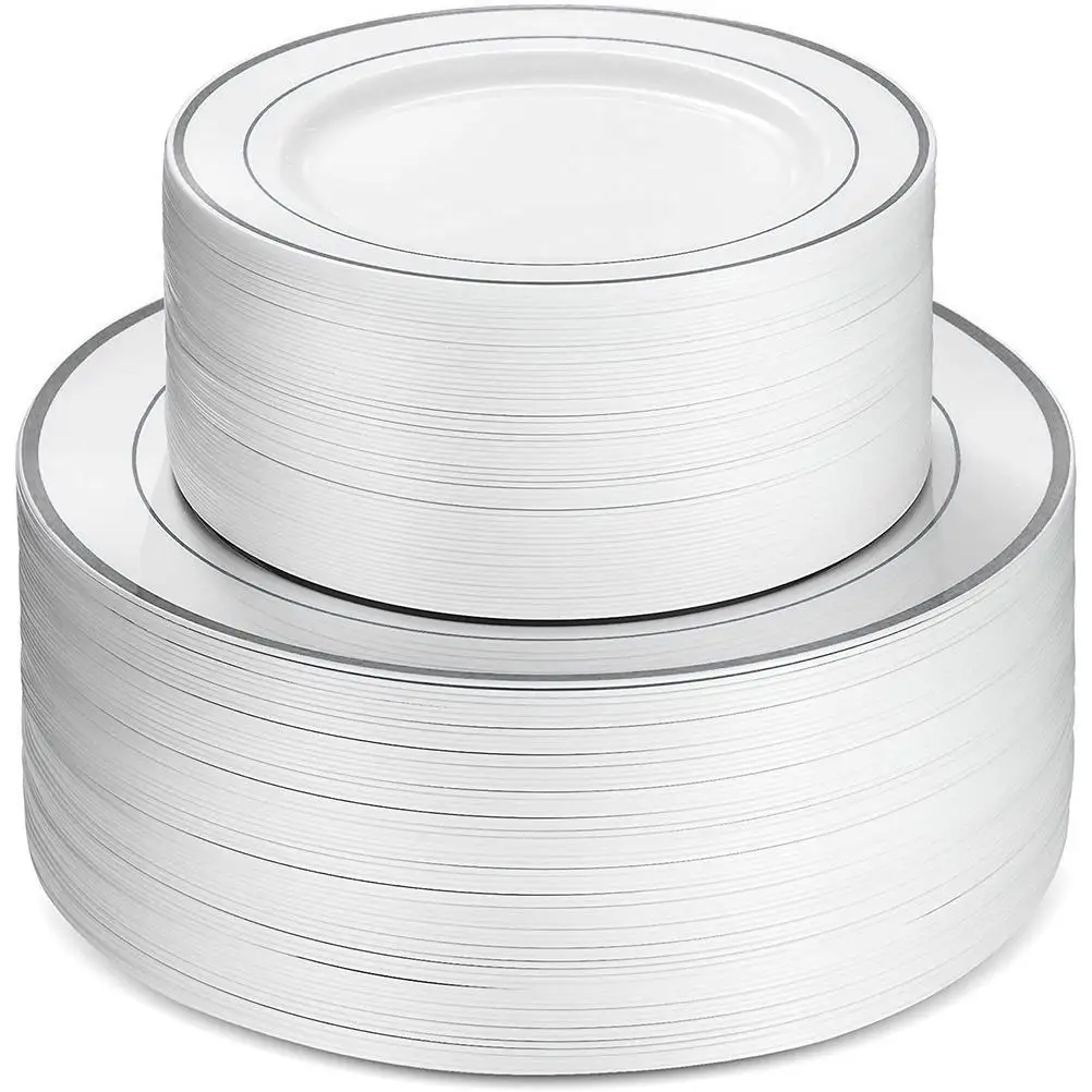 50Pcs Plastic Dinner Plates Silver and Gold Rim 25pcs 6 Inch Dinner Plates and 25pcs 9 Inch Salad for party