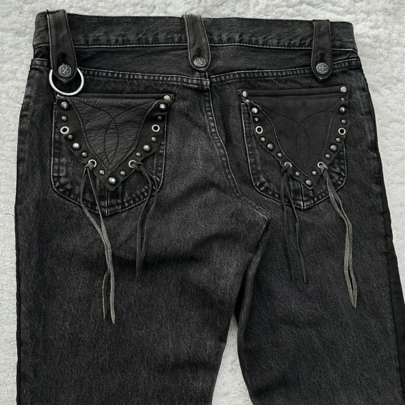 Y2K Dark Gothic Jeans Micro Flared Cross Leather Pocket Denim Pants Retro Harajuku Heavyweight Unisex Loose Streetwear Trousers 4