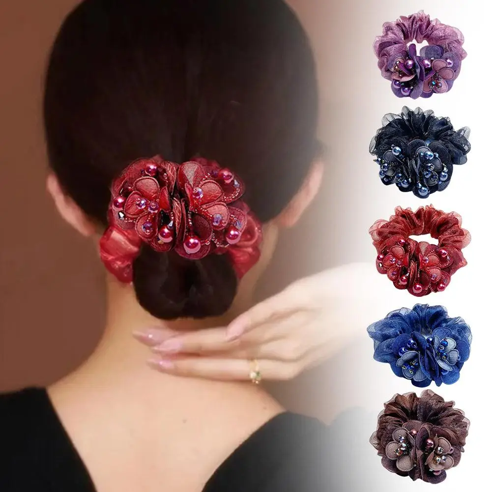 Beautiful Hair Ropes Bling Pearl Flower Scrunchie Transparency Headwear Hair Holder Organza Ponytail Ties Elastics Z3C4 1000ml transparency