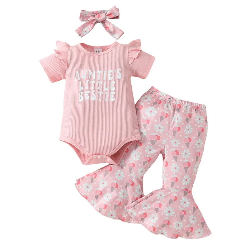 

Baby Girls Summer 3PCS Sets Flying Sleeve Romper Tops Flower Print Flared Pants Headband Sets