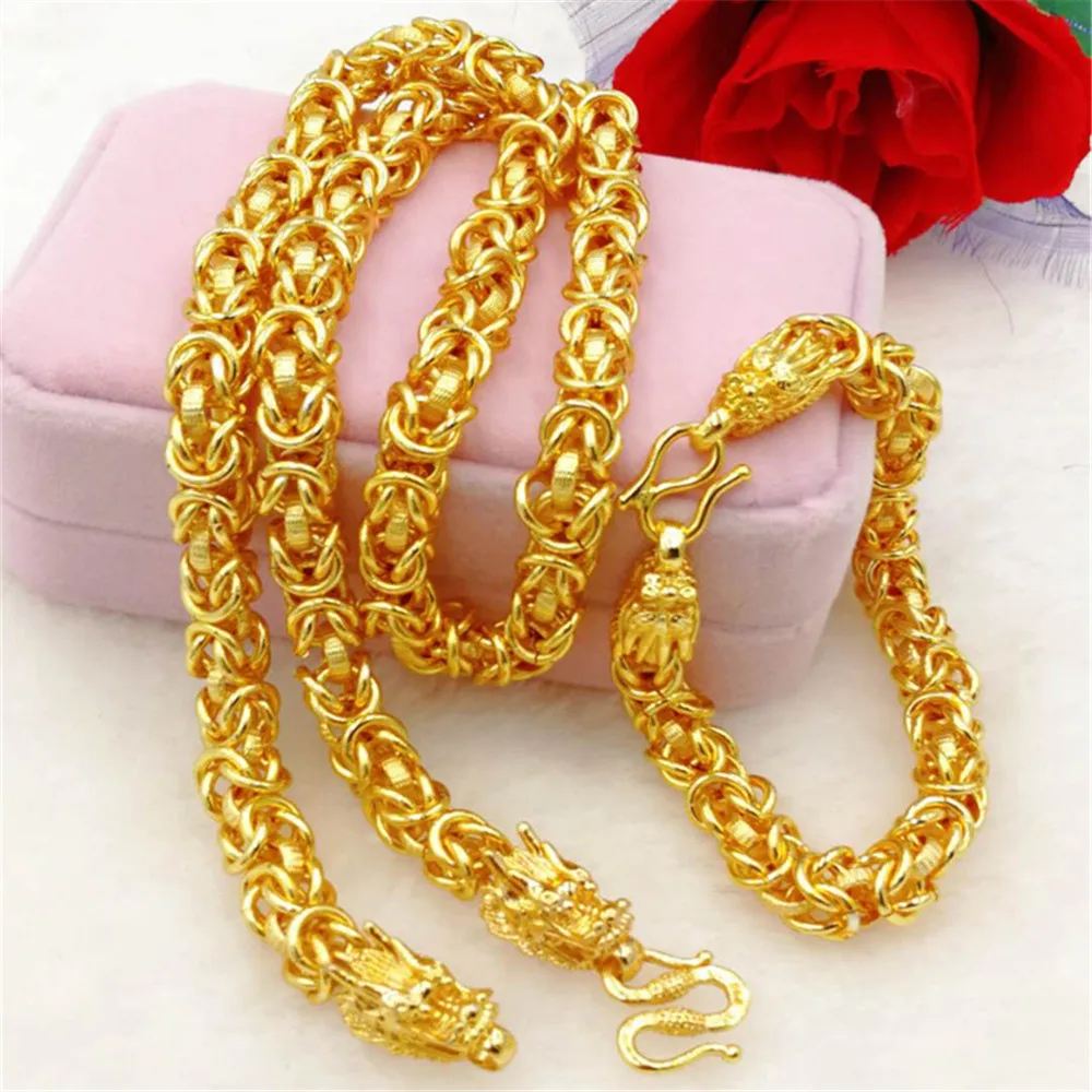 

New24k Yellow Gold Glossy Large Fabric Tape Necklace Bracelet Set,8mm Thick,Jewelry Boutique Men's Jewelry Set Party Luxury Gift