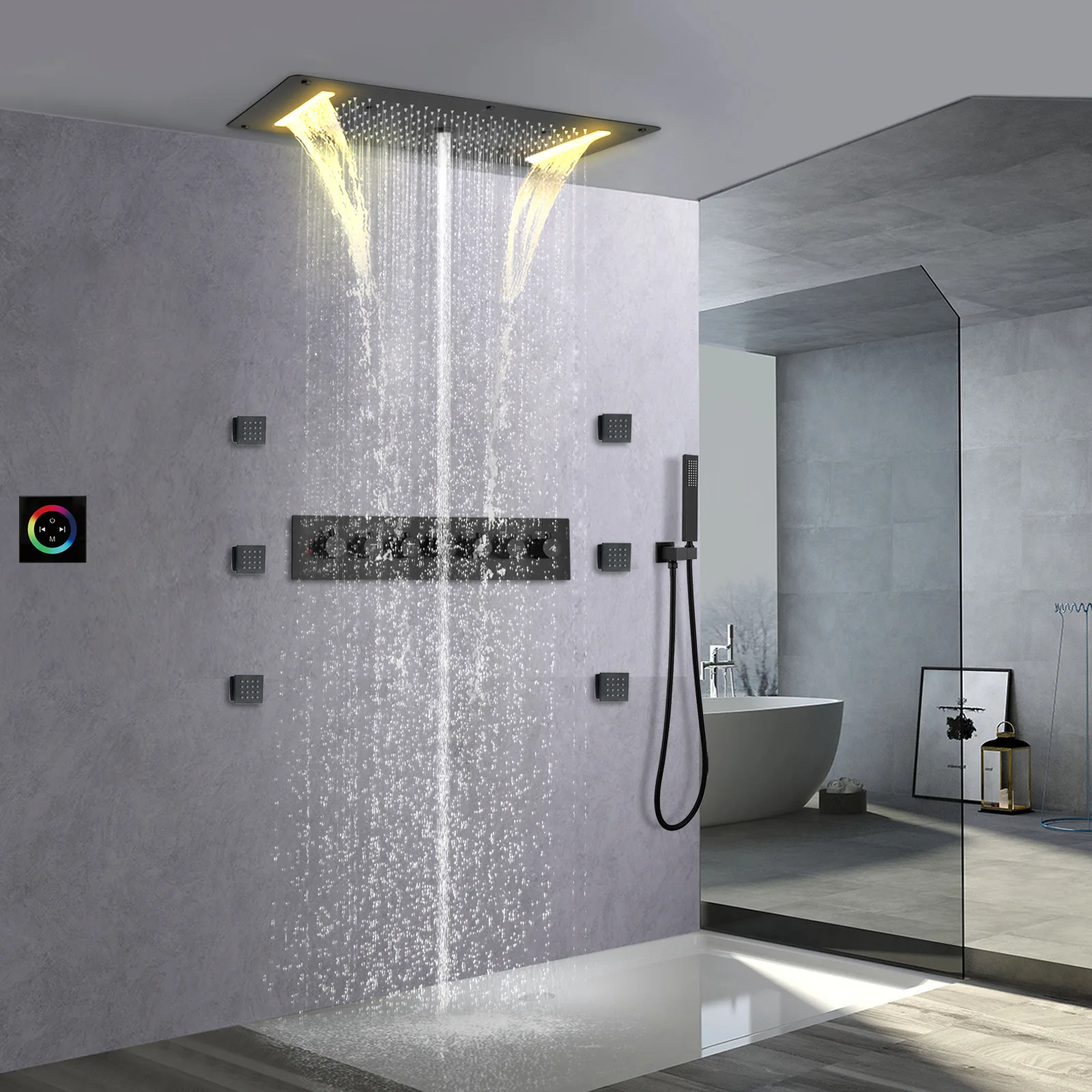 

Luxury Wall Mounted 7 Colors LED Light Thermostatic Brass Shower faucet set Rainfall Waterfall Shower head set 6 pcs Side spray