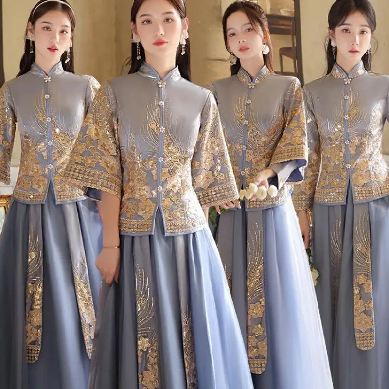 

Chinese Style Evening Dress Gown Half Sleeve Women Summer New Vintage Button Cheongsam Vestidso Satin Sequins Patchwork Qipao