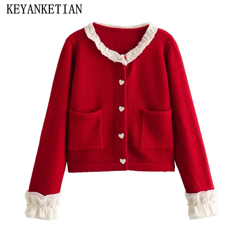 

KEYANKETIAN Winter New Lace Seam Detail Pearl decoration Women's Sweet Love Button Knit Cardigans Soft Touch Sweater Crop Top