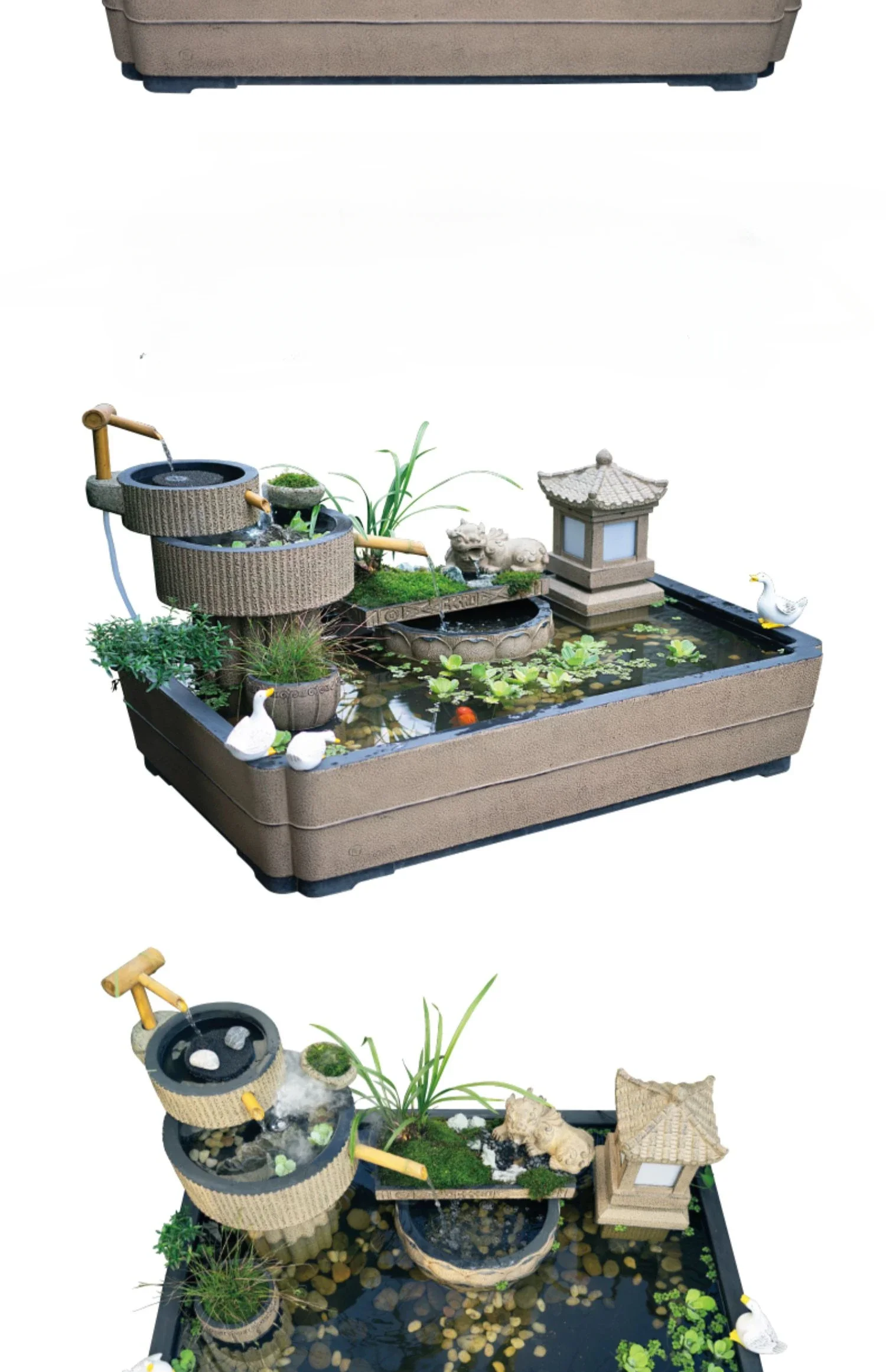 

Chinese balcony garden layout outdoor courtyard flowing water fish pond rockery landscaping fish tank landscape ornaments