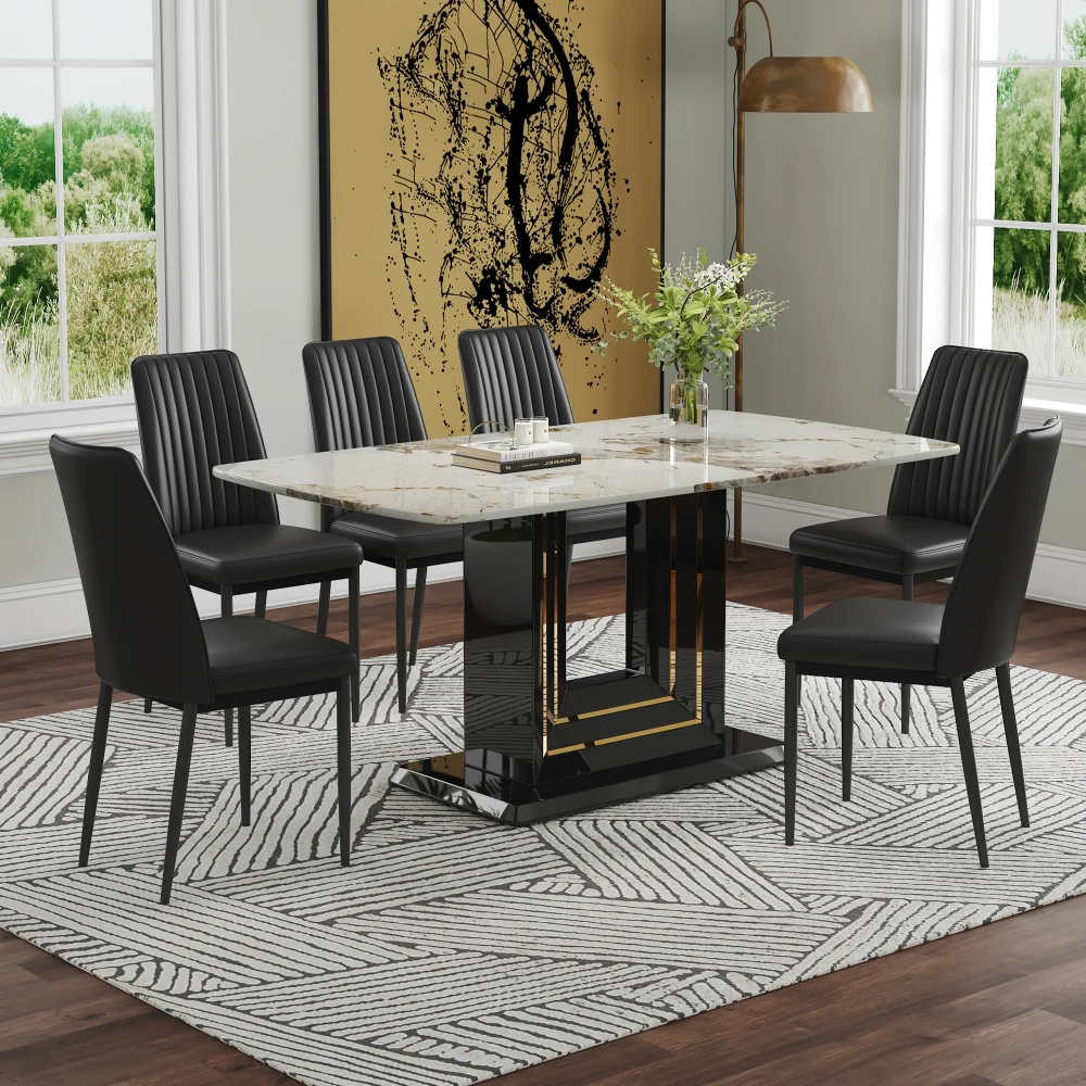 7 Piece Dining Table Set for 6,Faux Marble Top Dining Room Table, 6 PU Dining Chairs, for Room Kitchen, Black+White