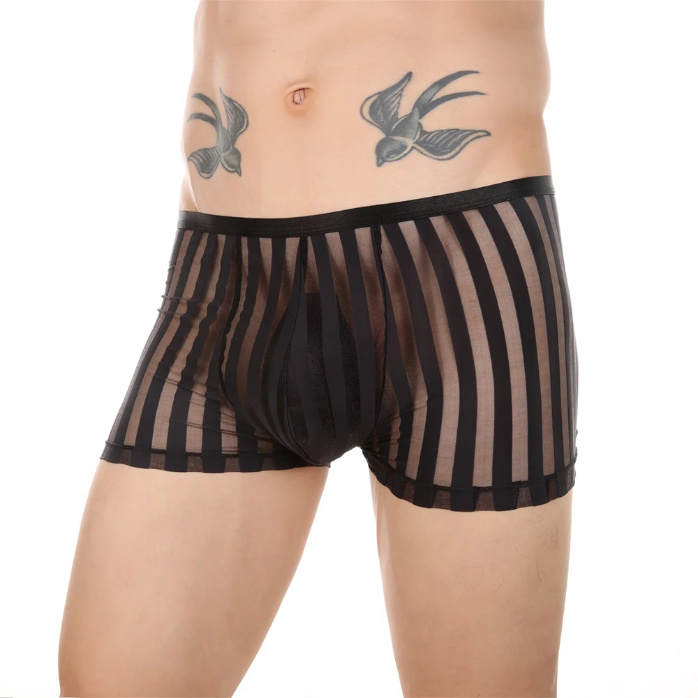 

Sexy Men Mesh Striped Boxer Shorts Sheer Comfort Sissy Pouch Elastic Briefs Breathable Underwear Male Panties Low Rise Underpant