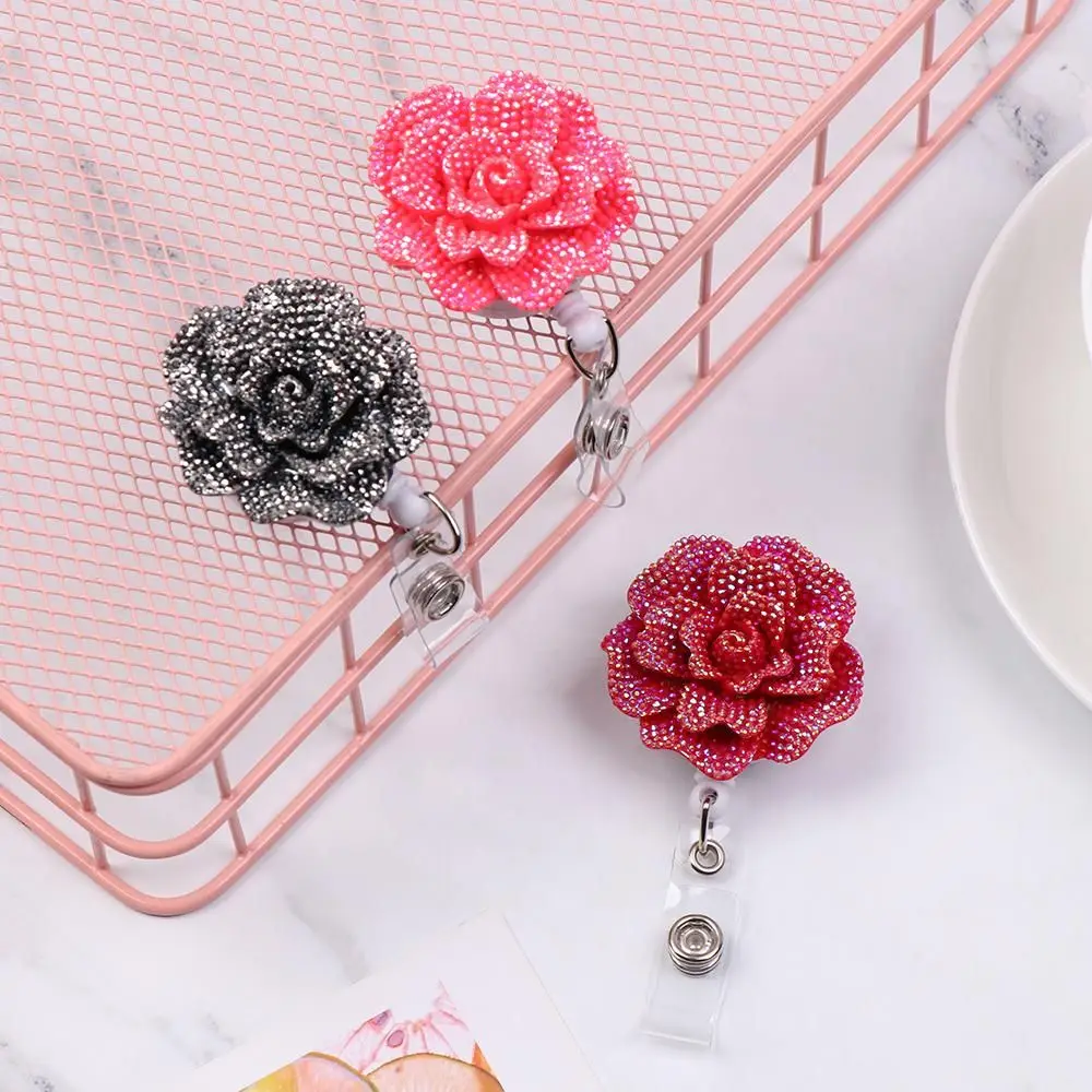 Elegant Floral Rose Badge Reel: Retractable ID Holder & Keychain Lanyard